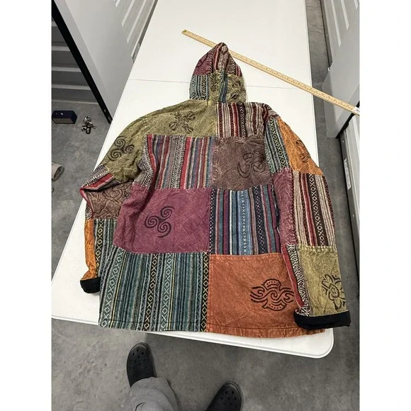 Funky Threads Hooded Patchwork Jacket Symbol Peace Sign Tribal Boho Festival XL - Picture 5 of 5